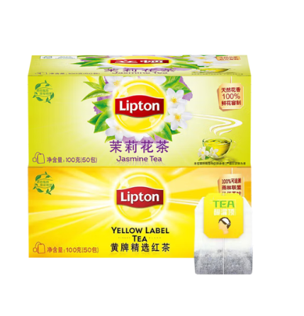 立顿（Lipton）茶包 黄牌精选红茶绿茶茉莉花 办公下午茶 奶茶原料端午 红茶50+茉莉花茶50包（200g）